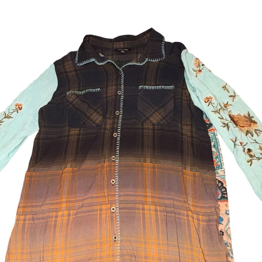 John Mark Ombré Plaid Mixed Print Paisley Embroidered Tunic Top Size Large Boho